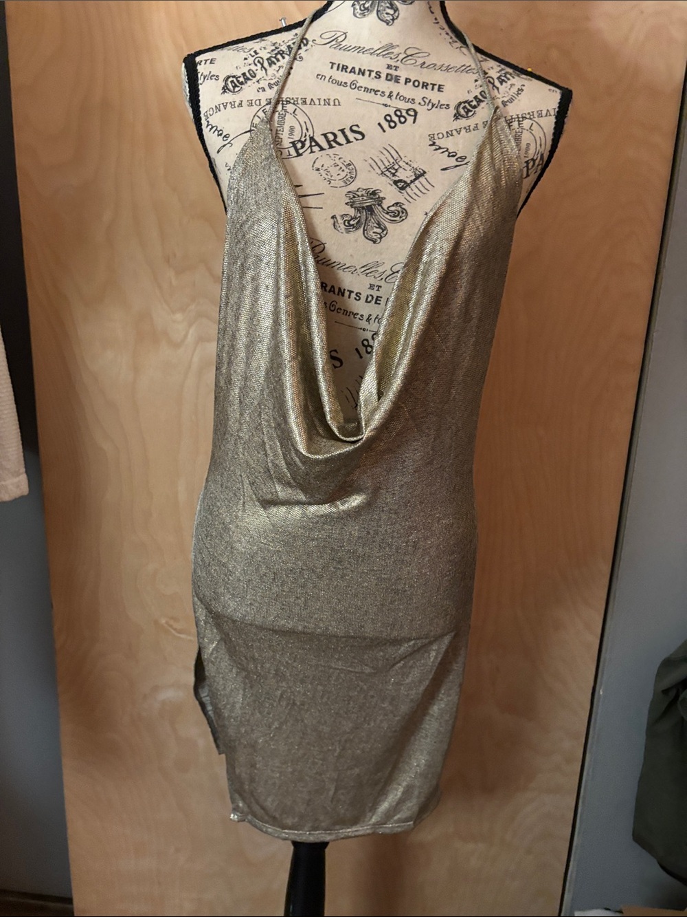 SHEIN Gold Metallic Cowl Halter Mini Dress